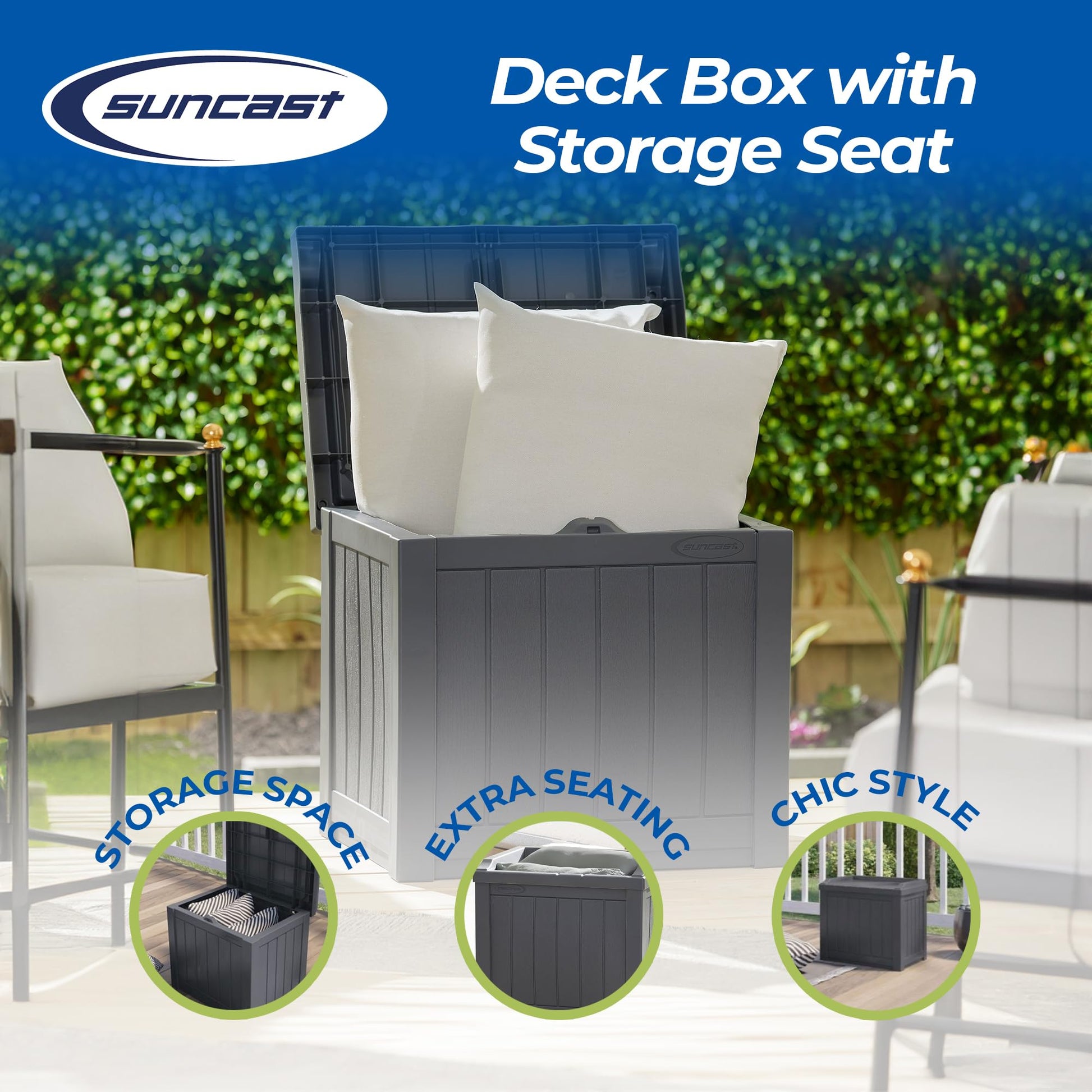 Suncast Small Deck Box Storage w/Bench Seat for Indoor & Outdoor Use, 22 Gal., Cyberspace - CookCave