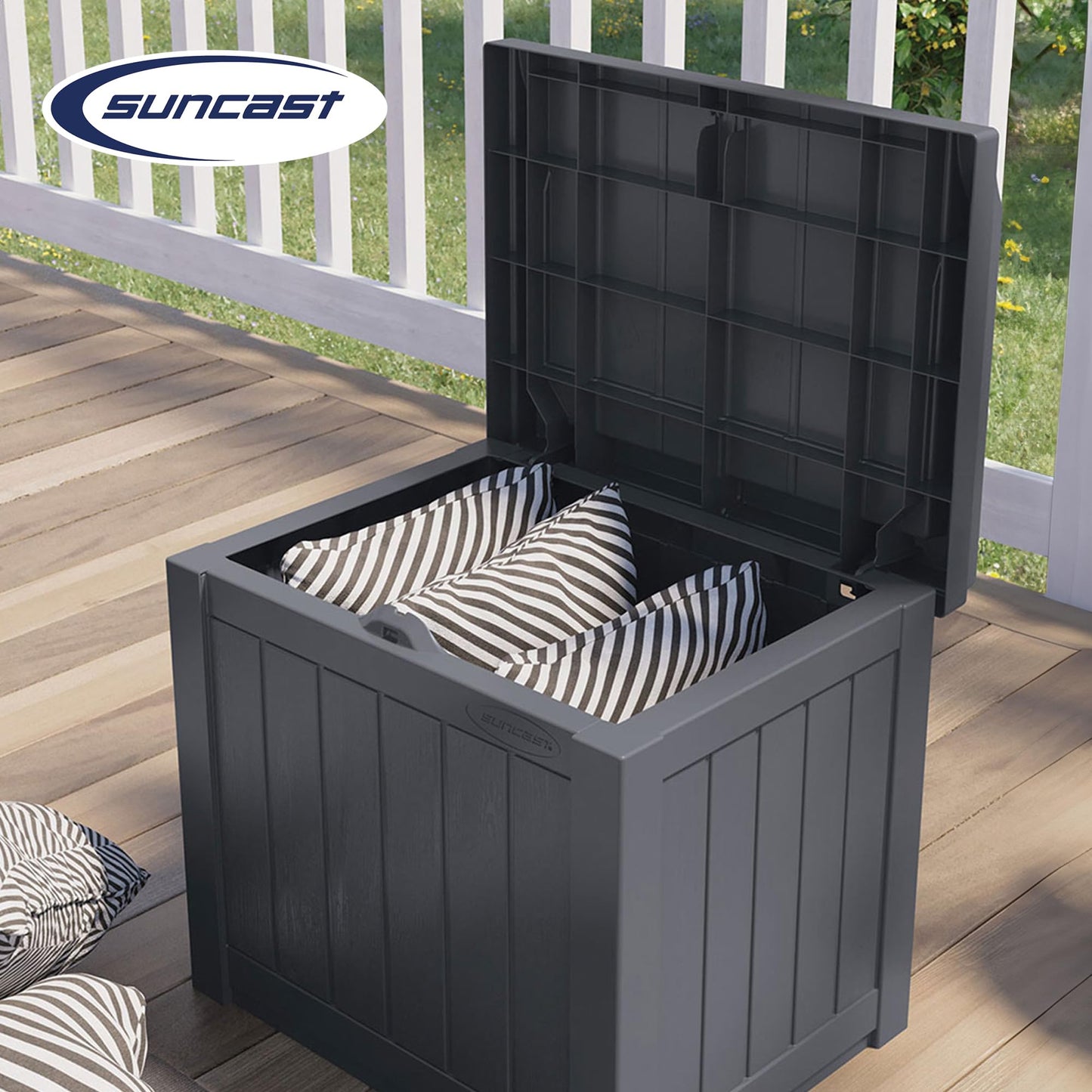 Suncast Small Deck Box Storage w/Bench Seat for Indoor & Outdoor Use, 22 Gal., Cyberspace - CookCave