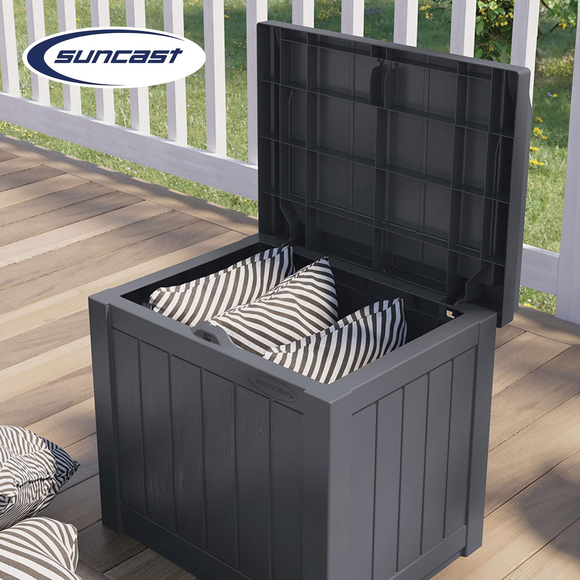 Suncast Small Deck Box Storage w/Bench Seat for Indoor & Outdoor Use, 22 Gal., Cyberspace - CookCave