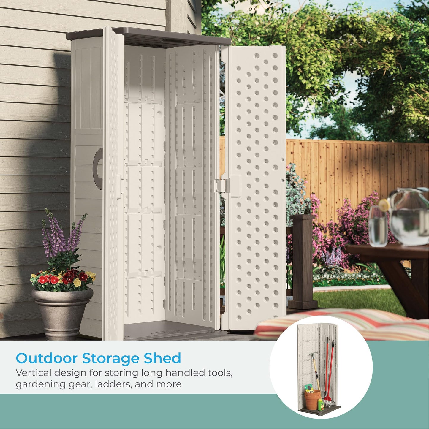 Suncast Vertical Outdoor Storage Shed with Reinforced Floor, Lockable Double Doors, All-Weather Construction, and Multi-Wall Panels, Vanilla, Made in the USA - CookCave