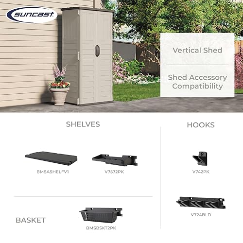 Suncast Vertical Outdoor Storage Shed with Reinforced Floor, Lockable Double Doors, All-Weather Construction, and Multi-Wall Panels, Vanilla, Made in the USA - CookCave