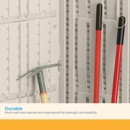 Suncast Vertical Outdoor Storage Shed with Reinforced Floor, Lockable Double Doors, All-Weather Construction, and Multi-Wall Panels, Vanilla, Made in the USA - CookCave