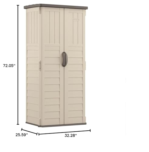 Suncast Vertical Outdoor Storage Shed with Reinforced Floor, Lockable Double Doors, All-Weather Construction, and Multi-Wall Panels, Vanilla, Made in the USA - CookCave