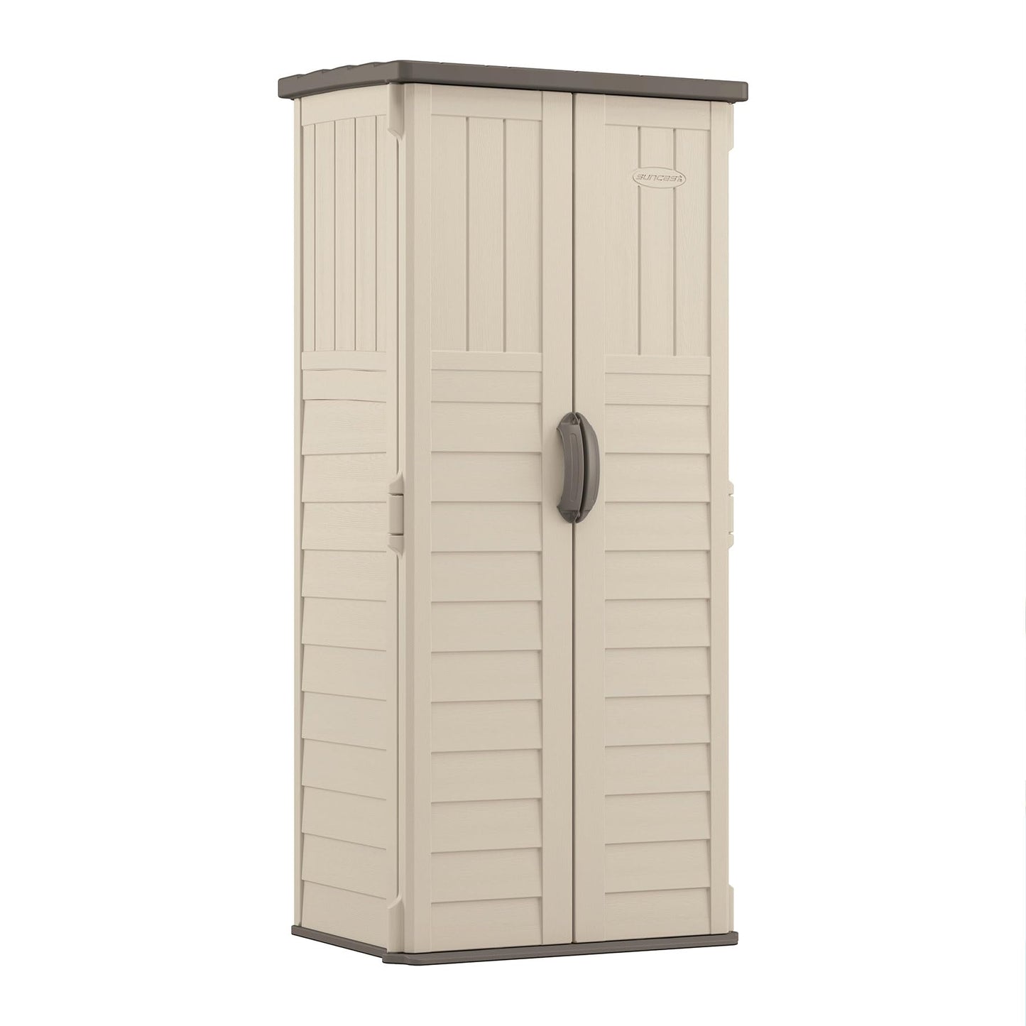 Suncast Vertical Outdoor Storage Shed with Reinforced Floor, Lockable Double Doors, All-Weather Construction, and Multi-Wall Panels, Vanilla, Made in the USA - CookCave