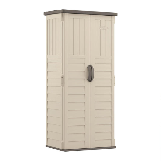 Suncast Vertical Outdoor Storage Shed with Reinforced Floor, Lockable Double Doors, All-Weather Construction, and Multi-Wall Panels, Vanilla, Made in the USA - CookCave