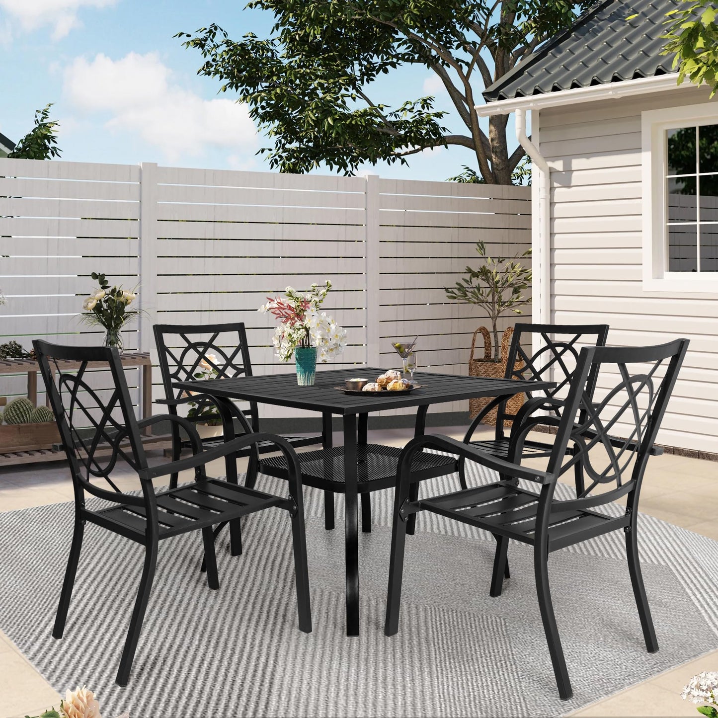 SUNCROWN 5-Piece Outdoor Wrought Iron Chairs and Table Patio Dining Furniture Set - 4 Stackable Metal Chairs, 1 Steel Slat Bistro Table for Garden Backyard Deck - CookCave