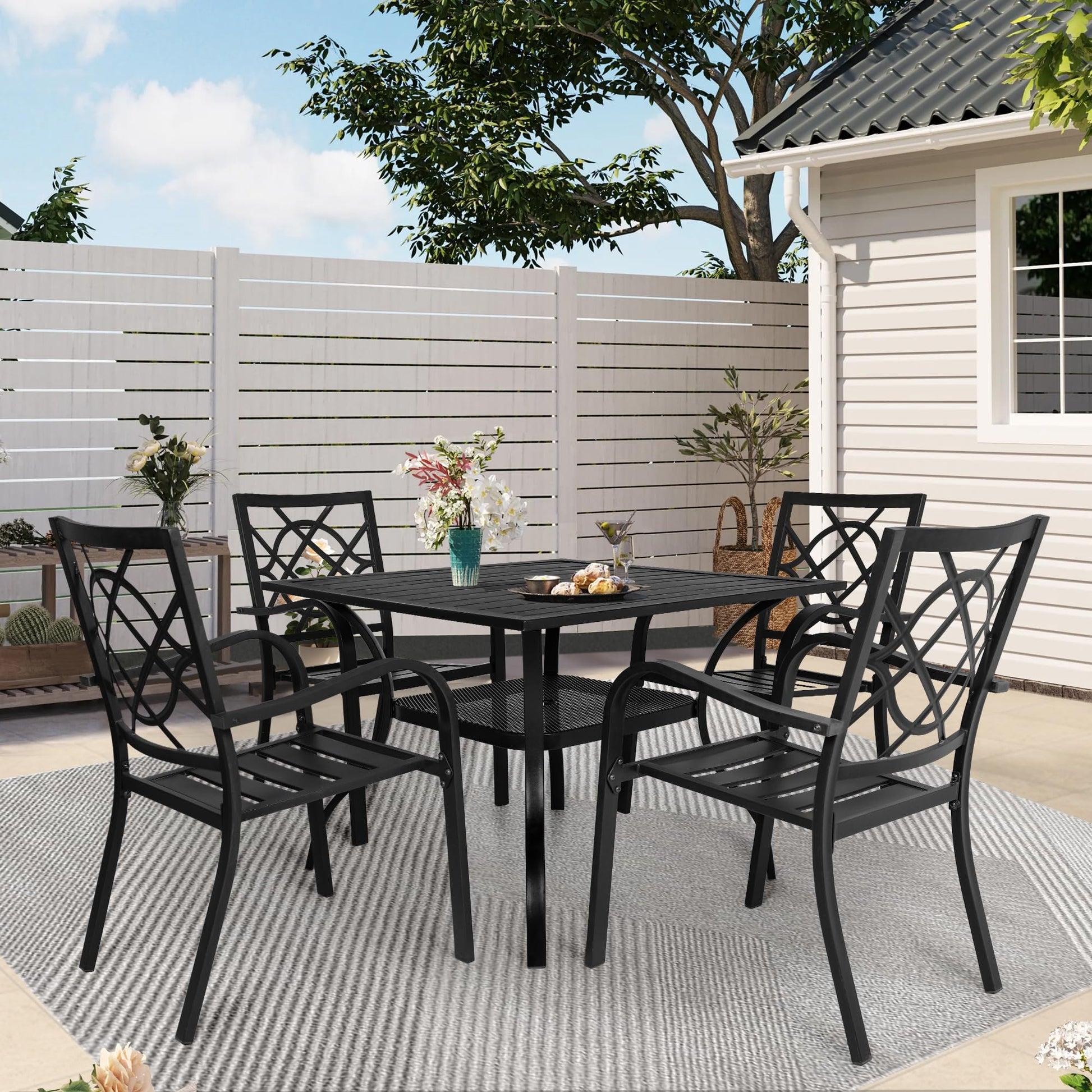 SUNCROWN 5-Piece Outdoor Wrought Iron Chairs and Table Patio Dining Furniture Set - 4 Stackable Metal Chairs, 1 Steel Slat Bistro Table for Garden Backyard Deck - CookCave