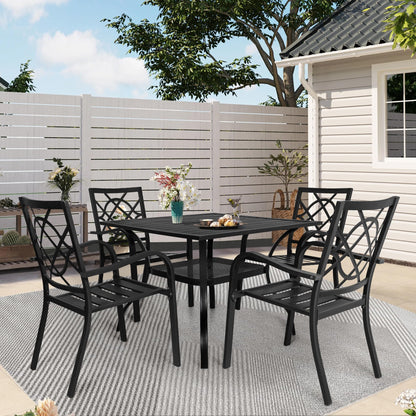 SUNCROWN 5-Piece Outdoor Wrought Iron Chairs and Table Patio Dining Furniture Set - 4 Stackable Metal Chairs, 1 Steel Slat Bistro Table for Garden Backyard Deck - CookCave