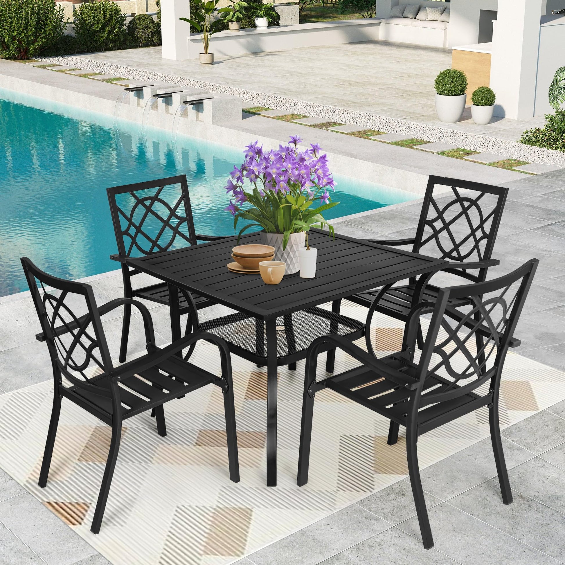 SUNCROWN 5-Piece Outdoor Wrought Iron Chairs and Table Patio Dining Furniture Set - 4 Stackable Metal Chairs, 1 Steel Slat Bistro Table for Garden Backyard Deck - CookCave