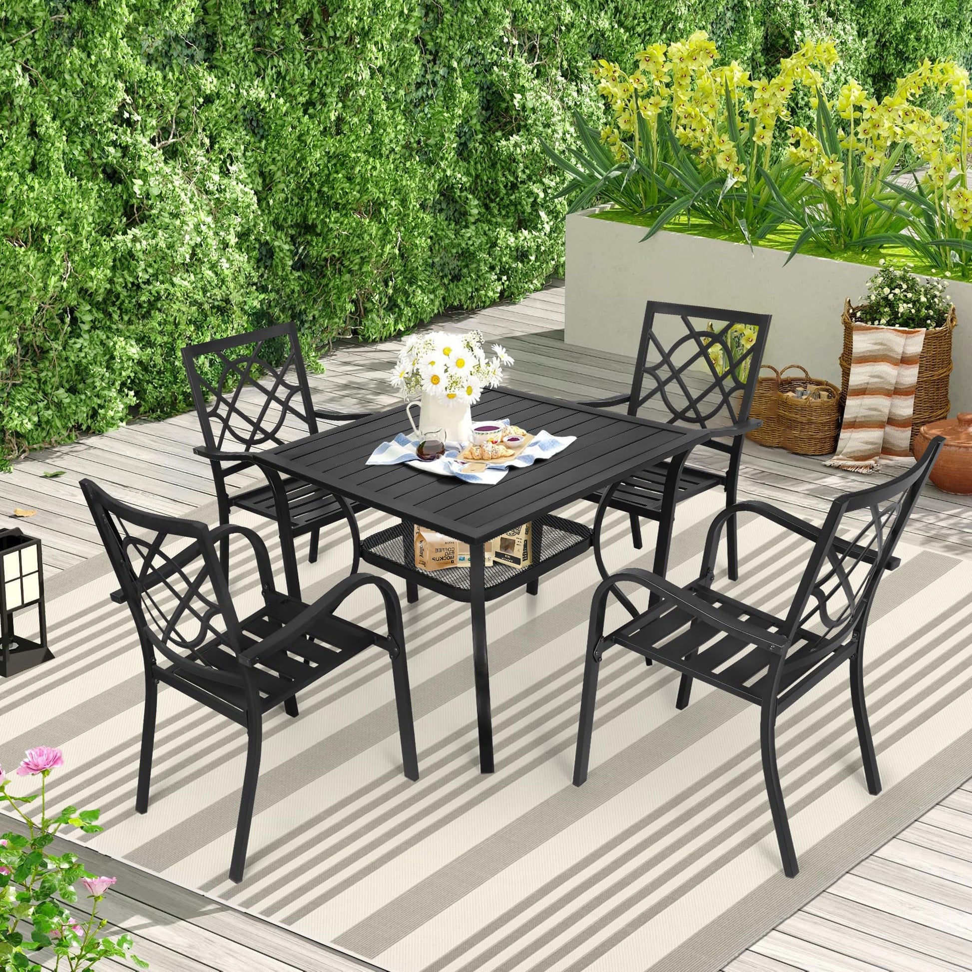 SUNCROWN 5-Piece Outdoor Wrought Iron Chairs and Table Patio Dining Furniture Set - 4 Stackable Metal Chairs, 1 Steel Slat Bistro Table for Garden Backyard Deck - CookCave