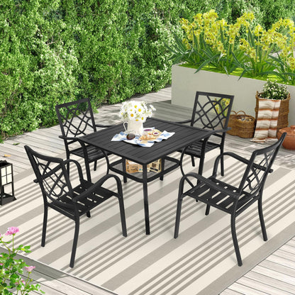 SUNCROWN 5-Piece Outdoor Wrought Iron Chairs and Table Patio Dining Furniture Set - 4 Stackable Metal Chairs, 1 Steel Slat Bistro Table for Garden Backyard Deck - CookCave