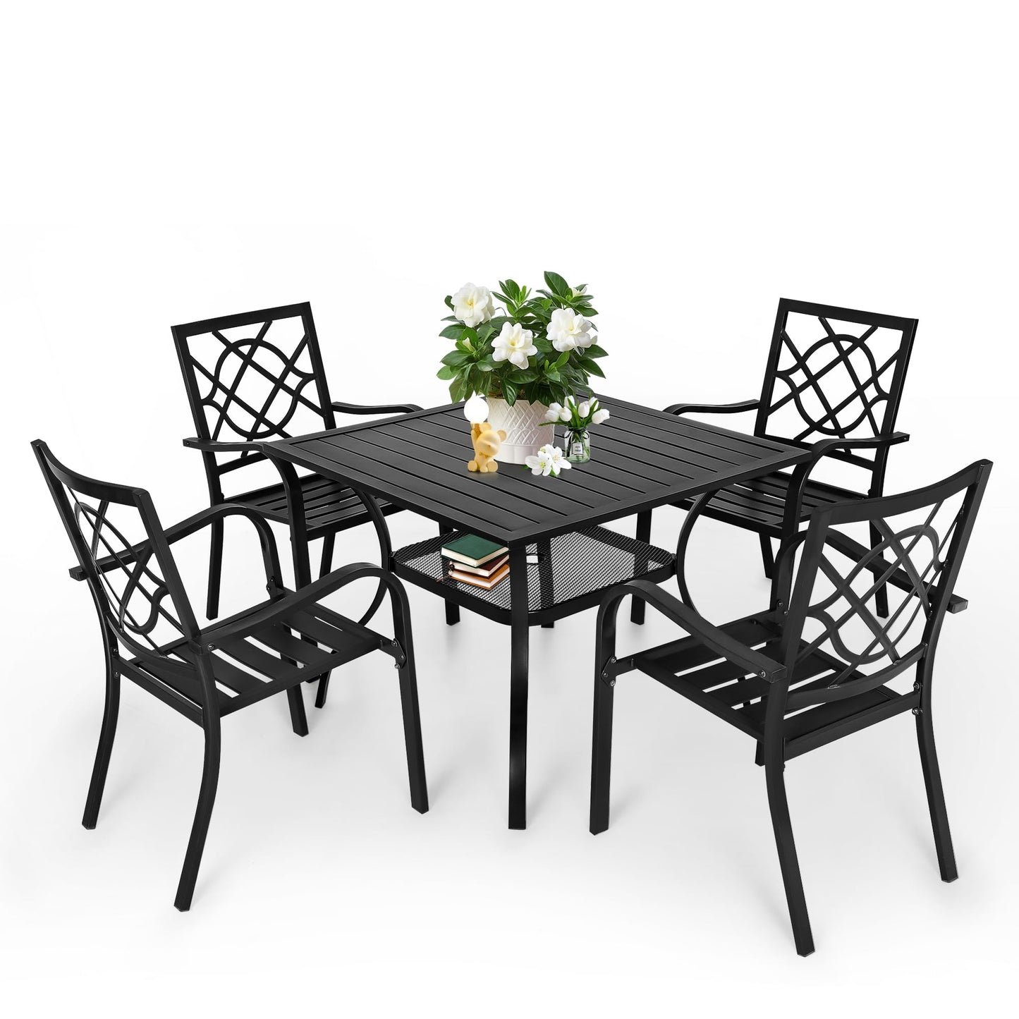SUNCROWN 5-Piece Outdoor Wrought Iron Chairs and Table Patio Dining Furniture Set - 4 Stackable Metal Chairs, 1 Steel Slat Bistro Table for Garden Backyard Deck - CookCave