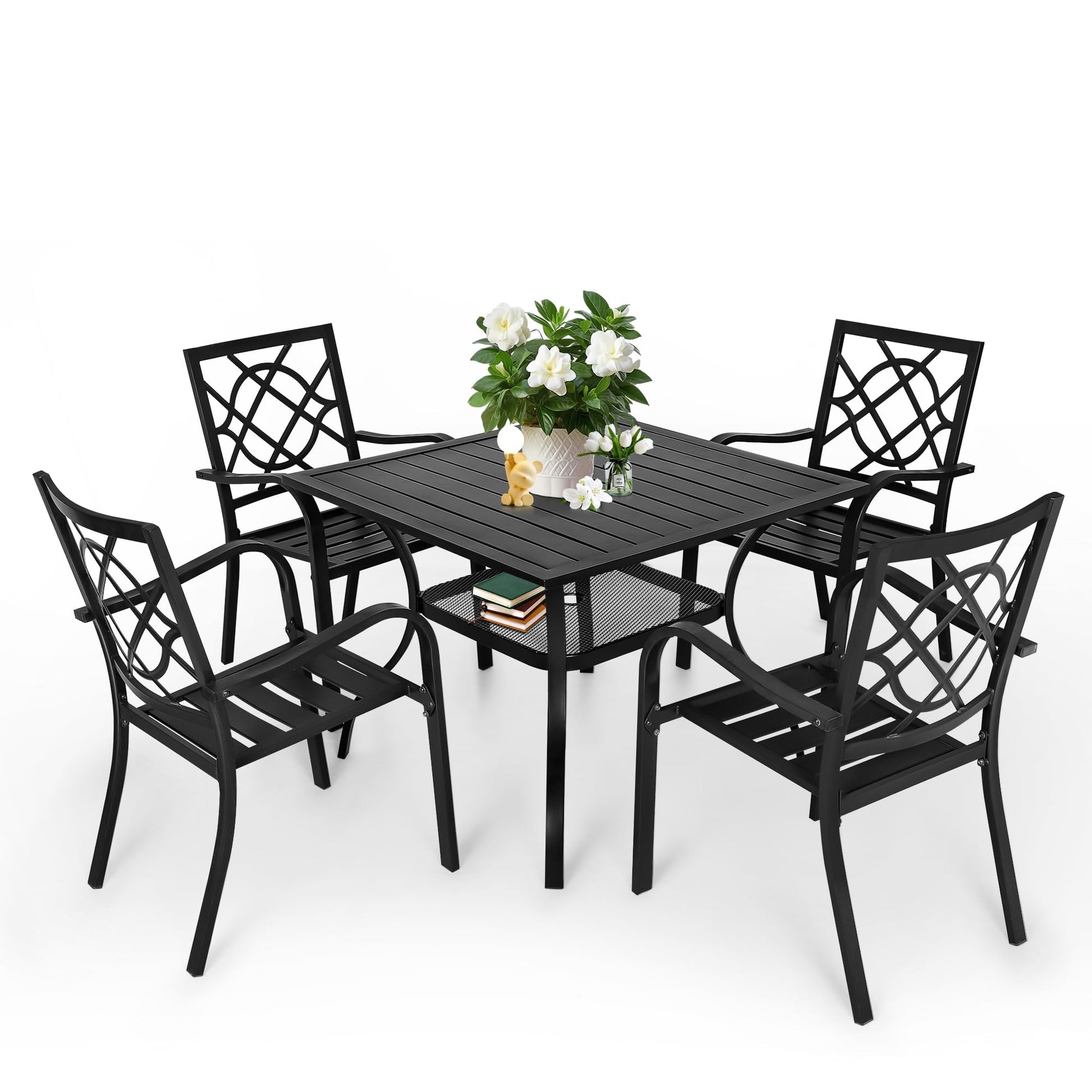 SUNCROWN 5-Piece Outdoor Wrought Iron Chairs and Table Patio Dining Furniture Set - 4 Stackable Metal Chairs, 1 Steel Slat Bistro Table for Garden Backyard Deck - CookCave