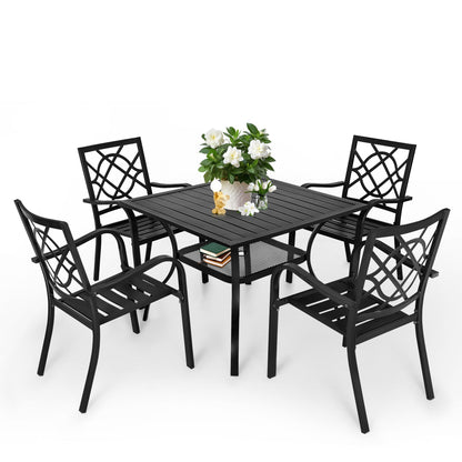 SUNCROWN 5-Piece Outdoor Wrought Iron Chairs and Table Patio Dining Furniture Set - 4 Stackable Metal Chairs, 1 Steel Slat Bistro Table for Garden Backyard Deck - CookCave