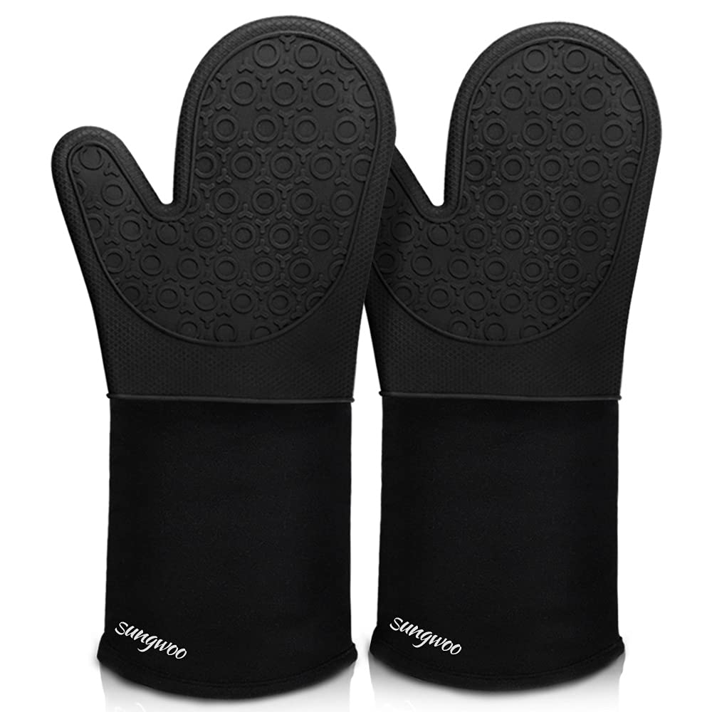sungwoo Extra Long Silicone Oven Mitts, Heat Resistant Oven Gloves with Quilted Liner Non-Slip Textured Grip Perfect for BBQ, Baking, Cooking and Grilling - 1 Pair 14.6 Inch Black - CookCave