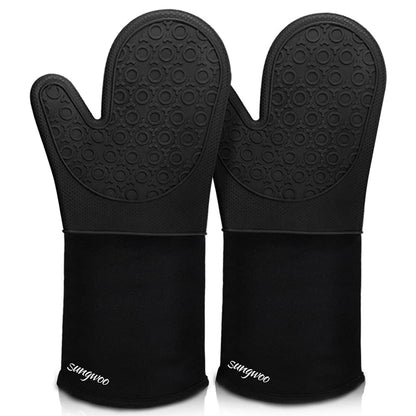 sungwoo Extra Long Silicone Oven Mitts, Heat Resistant Oven Gloves with Quilted Liner Non-Slip Textured Grip Perfect for BBQ, Baking, Cooking and Grilling - 1 Pair 14.6 Inch Black - CookCave