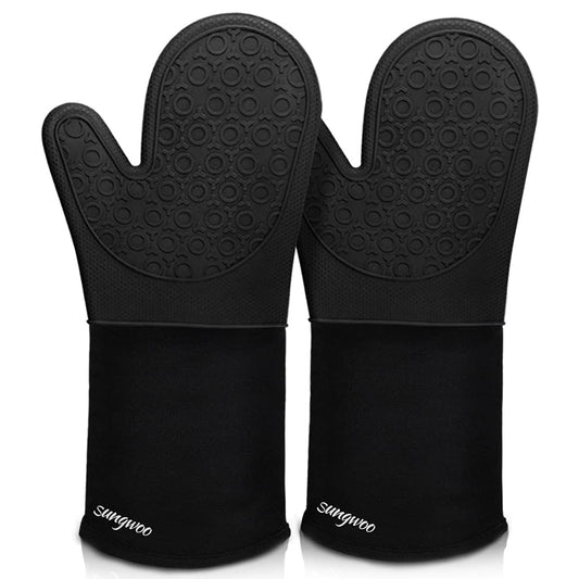 sungwoo Extra Long Silicone Oven Mitts, Heat Resistant Oven Gloves with Quilted Liner Non-Slip Textured Grip Perfect for BBQ, Baking, Cooking and Grilling - 1 Pair 14.6 Inch Black - CookCave