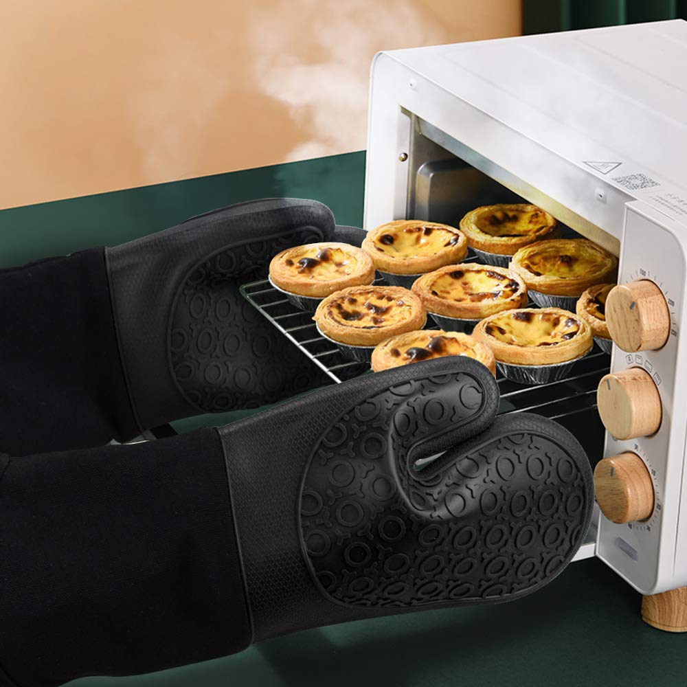 sungwoo Extra Long Silicone Oven Mitts, Heat Resistant Oven Gloves with Quilted Liner Non-Slip Textured Grip Perfect for BBQ, Baking, Cooking and Grilling - 1 Pair 14.6 Inch Black - CookCave