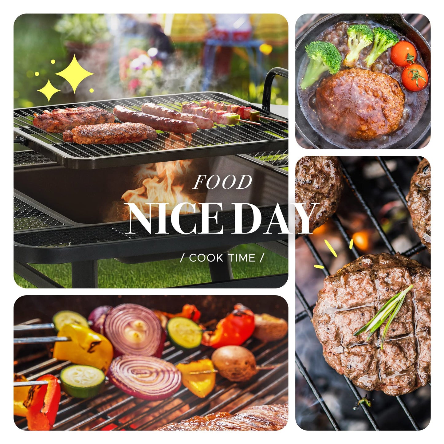 Sunjoy 38 in. Fire Pit for Outside, Square Wood Burning Firepit Large Steel Fire Pits with Adjustable Cooking Swivel BBQ Grill and Fire Poker Black - CookCave