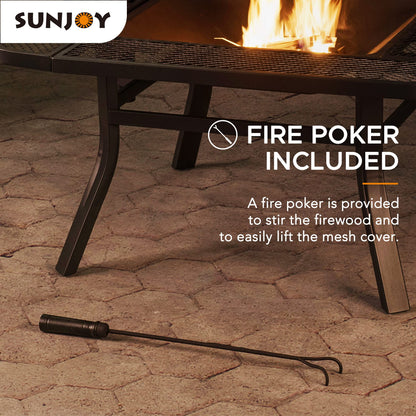 Sunjoy 38 in. Fire Pit for Outside, Square Wood Burning Firepit Large Steel Fire Pits with Adjustable Cooking Swivel BBQ Grill and Fire Poker Black - CookCave