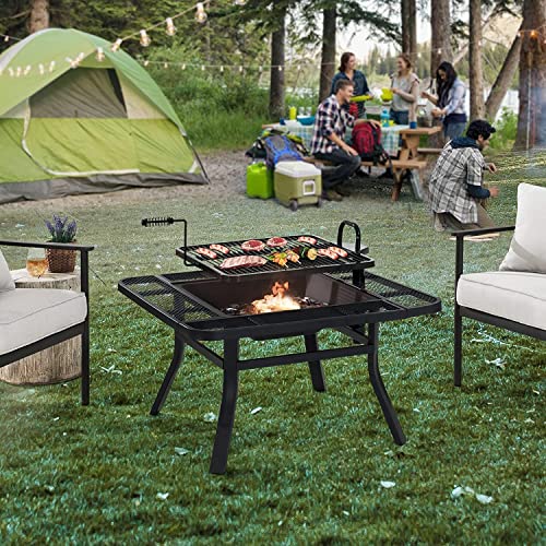 Sunjoy 38 in. Fire Pit for Outside, Square Wood Burning Firepit Large Steel Fire Pits with Adjustable Cooking Swivel BBQ Grill and Fire Poker Black - CookCave