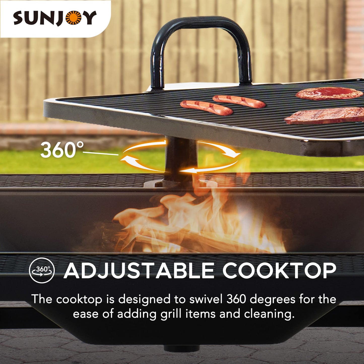 Sunjoy 38 in. Fire Pit for Outside, Square Wood Burning Firepit Large Steel Fire Pits with Adjustable Cooking Swivel BBQ Grill and Fire Poker Black - CookCave