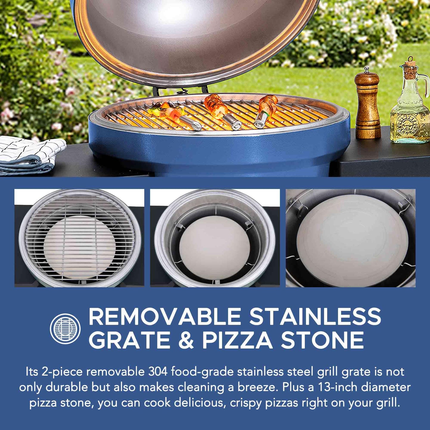 Sunjoy Charcoal Grill 20-Inch Kamado Grill with Pizza Stone, Ultimate Outdoor BBQ Egg Grill and Smoker with Wheels, Navy - CookCave