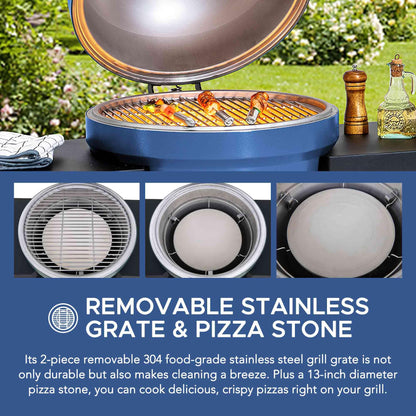 Sunjoy Charcoal Grill 20-Inch Kamado Grill with Pizza Stone, Ultimate Outdoor BBQ Egg Grill and Smoker with Wheels, Navy - CookCave