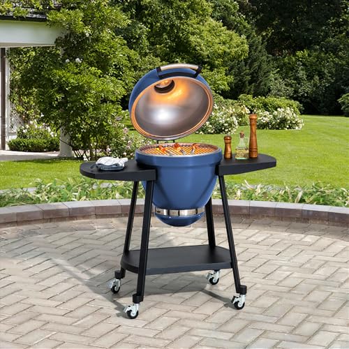 Sunjoy Charcoal Grill 20-Inch Kamado Grill with Pizza Stone, Ultimate Outdoor BBQ Egg Grill and Smoker with Wheels, Navy - CookCave