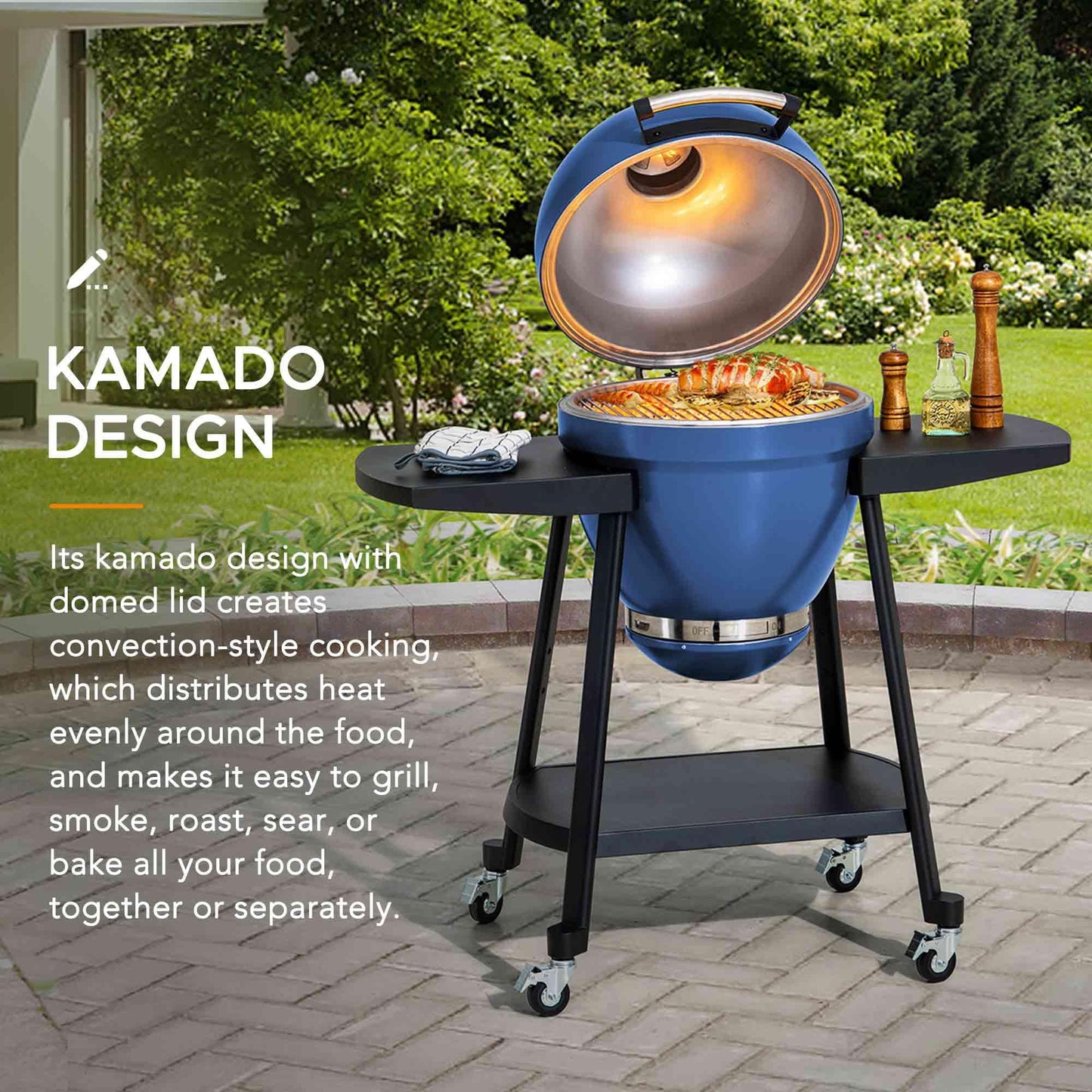 Sunjoy Charcoal Grill 20-Inch Kamado Grill with Pizza Stone, Ultimate Outdoor BBQ Egg Grill and Smoker with Wheels, Navy - CookCave