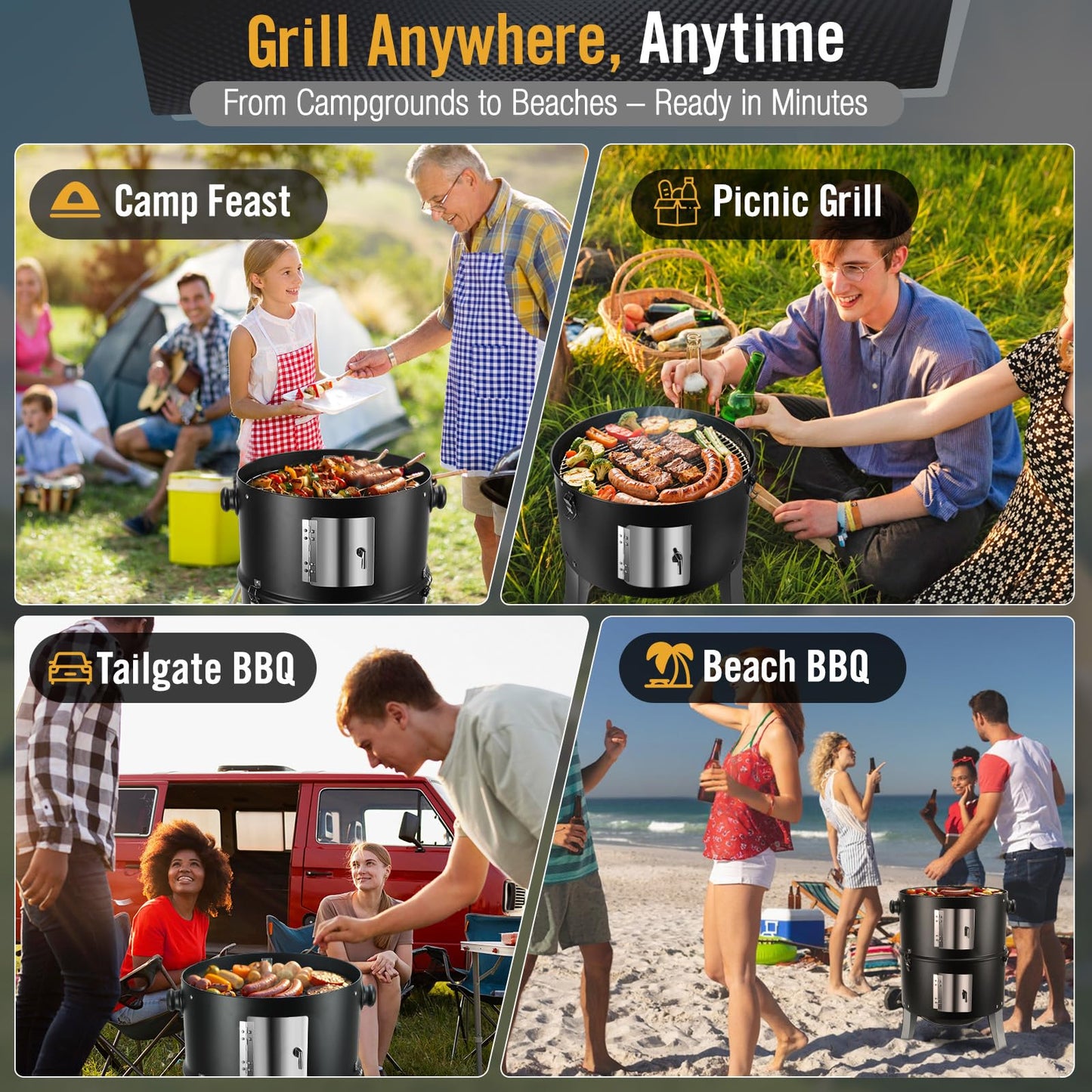 SUNLIFER BBQ Charcoal Smoker for Meat: 16 Inch Heavy Duty 4 In 1 BBQ Charcoal Grills - Vertical Barbecue Smokers Grill Combo for Outdoor Cooking Patio Backyard Picnic Party Grilling - CookCave