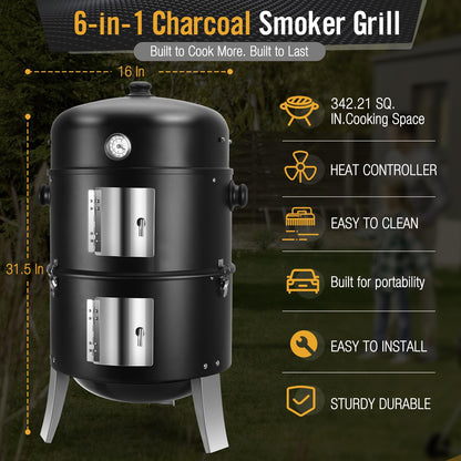 SUNLIFER BBQ Charcoal Smoker for Meat: 16 Inch Heavy Duty 4 In 1 BBQ Charcoal Grills - Vertical Barbecue Smokers Grill Combo for Outdoor Cooking Patio Backyard Picnic Party Grilling - CookCave