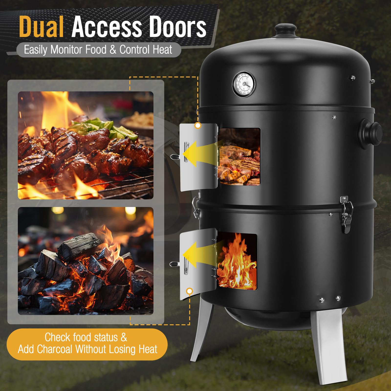 SUNLIFER BBQ Charcoal Smoker for Meat: 16 Inch Heavy Duty 4 In 1 BBQ Charcoal Grills - Vertical Barbecue Smokers Grill Combo for Outdoor Cooking Patio Backyard Picnic Party Grilling - CookCave