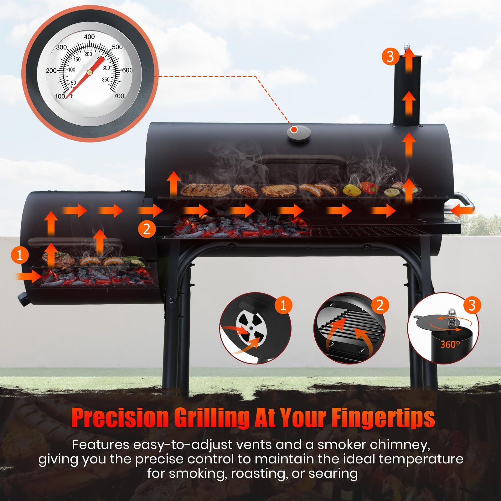 SUNLIFER Charcoal Grill Offset Smoker: Charcoal Barbecue Grills with Spacious Cooking Area | Barrel BBQ Grill and Smokers Combo for Outdoor Patio Backyard Camping and Parties - CookCave