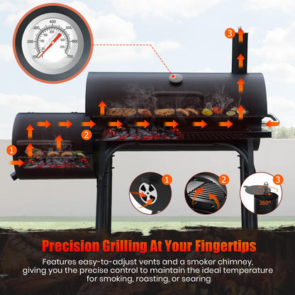 SUNLIFER Charcoal Grill Offset Smoker: Charcoal Barbecue Grills with Spacious Cooking Area | Barrel BBQ Grill and Smokers Combo for Outdoor Patio Backyard Camping and Parties - CookCave