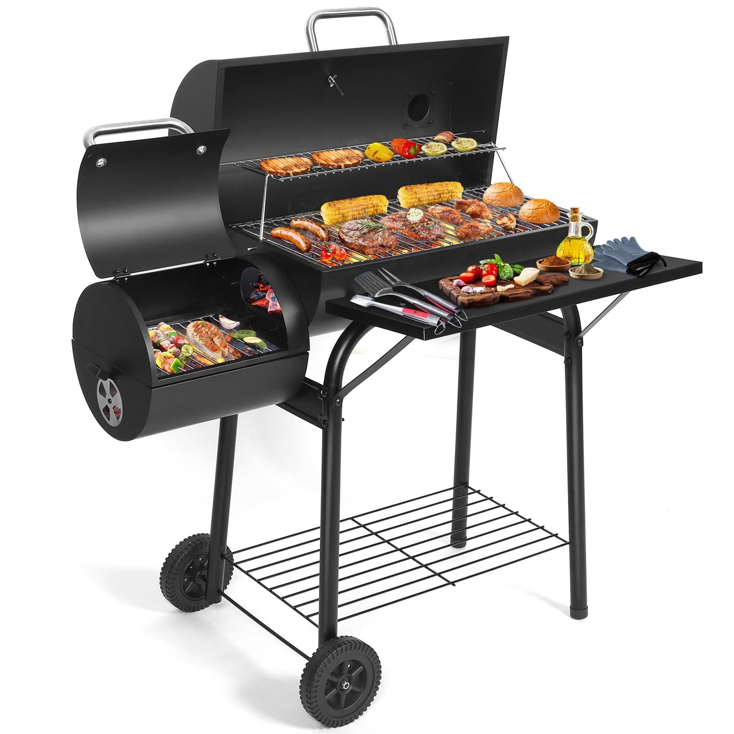 SUNLIFER Charcoal Grill Offset Smoker: Charcoal Barbecue Grills with Spacious Cooking Area | Barrel BBQ Grill and Smokers Combo for Outdoor Patio Backyard Camping and Parties - CookCave