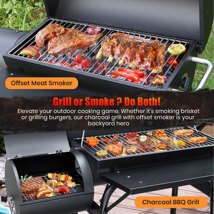 SUNLIFER Charcoal Grill Offset Smoker: Charcoal Barbecue Grills with Spacious Cooking Area | Barrel BBQ Grill and Smokers Combo for Outdoor Patio Backyard Camping and Parties - CookCave