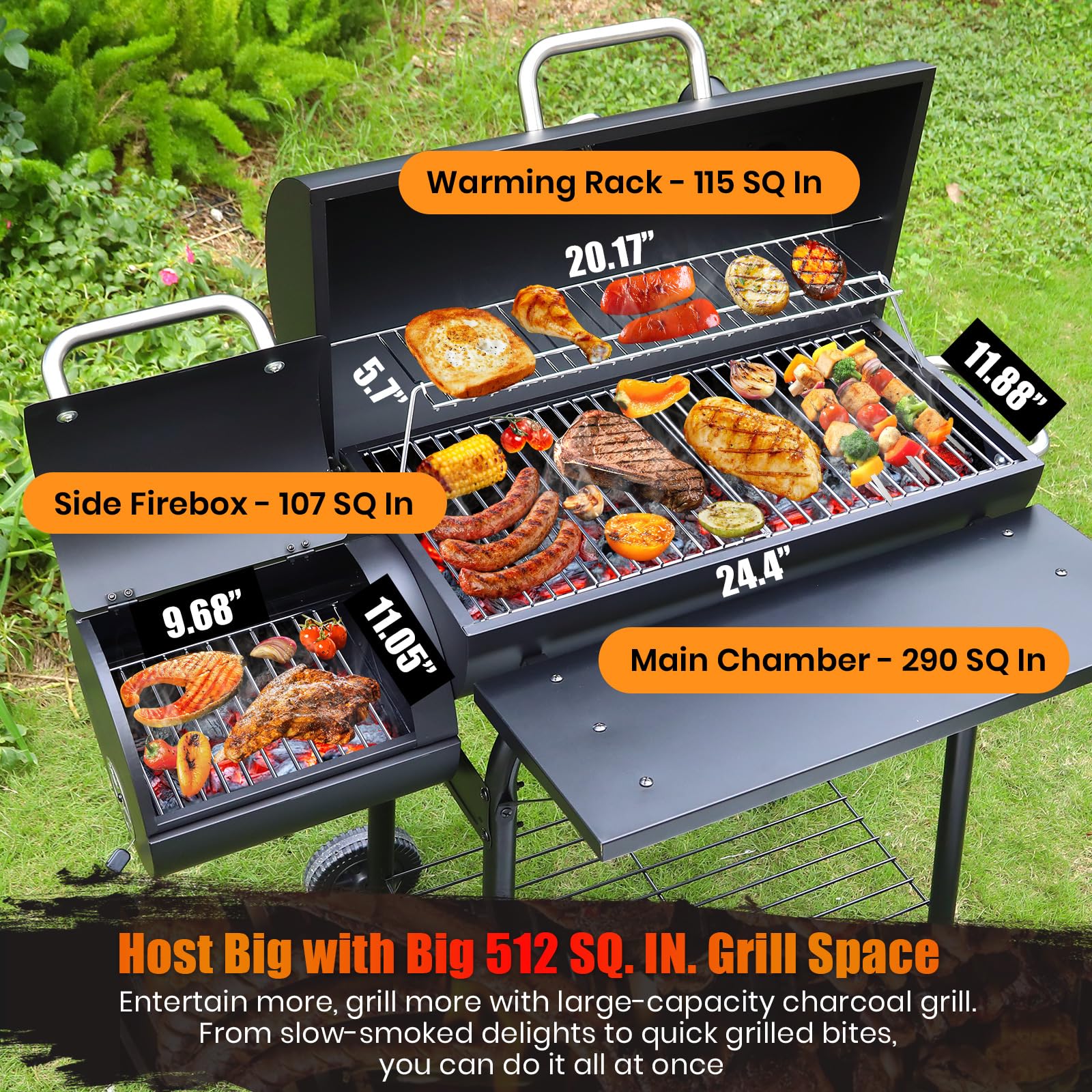 SUNLIFER Charcoal Grill Offset Smoker: Charcoal Barbecue Grills with Spacious Cooking Area | Barrel BBQ Grill and Smokers Combo for Outdoor Patio Backyard Camping and Parties - CookCave