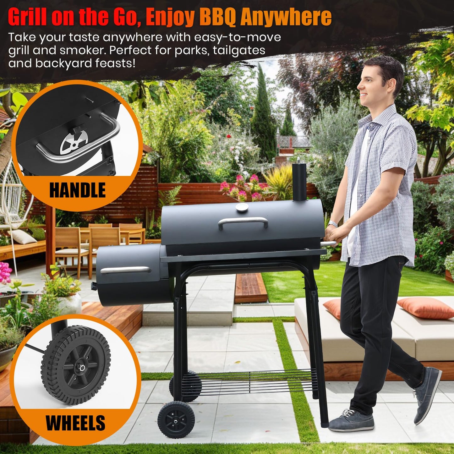 SUNLIFER Charcoal Grill Offset Smoker: Charcoal Barbecue Grills with Spacious Cooking Area | Barrel BBQ Grill and Smokers Combo for Outdoor Patio Backyard Camping and Parties - CookCave