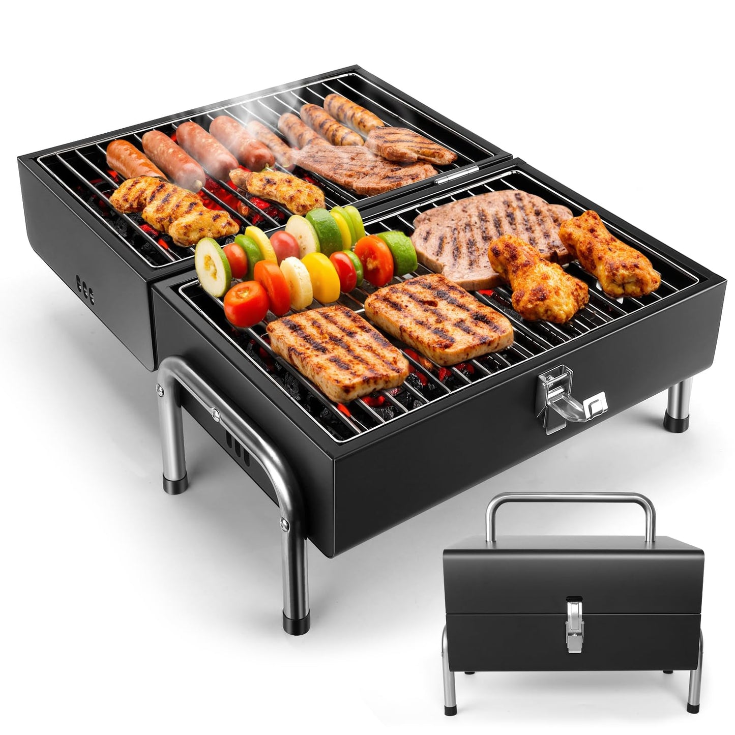 SUNLIFER Portable Charcoal Grill, Table Top Small Charcoal Grill For Outdoor, Camping, Beach, Easy Assembly, Heavy Duty & Multi-Use Small Grill, Black (270 Sq.In) - CookCave