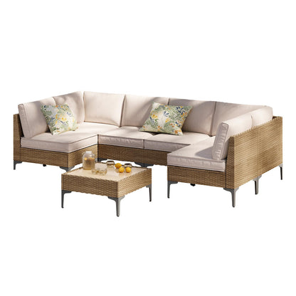 SunloungeCo 7-Piece Patio Furniture Set, Outdoor Wicker Sectional Sofa with Coffee Table, Anti-Slip & Thick All-Weather Cushions for Sunroom,Garden,Backyard, Beige - CookCave