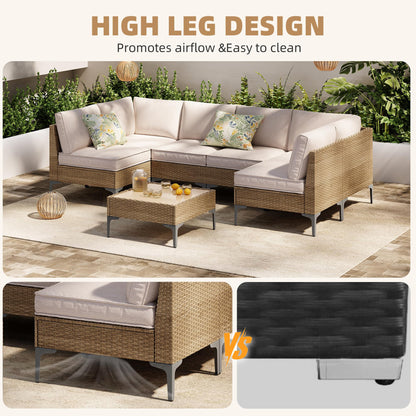 SunloungeCo 7-Piece Patio Furniture Set, Outdoor Wicker Sectional Sofa with Coffee Table, Anti-Slip & Thick All-Weather Cushions for Sunroom,Garden,Backyard, Beige - CookCave