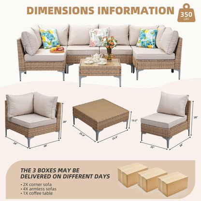 SunloungeCo 7-Piece Patio Furniture Set, Outdoor Wicker Sectional Sofa with Coffee Table, Anti-Slip & Thick All-Weather Cushions for Sunroom,Garden,Backyard, Beige - CookCave