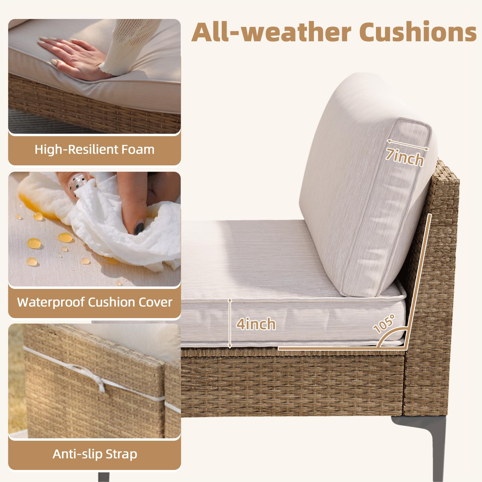 SunloungeCo 7-Piece Patio Furniture Set, Outdoor Wicker Sectional Sofa with Coffee Table, Anti-Slip & Thick All-Weather Cushions for Sunroom,Garden,Backyard, Beige - CookCave