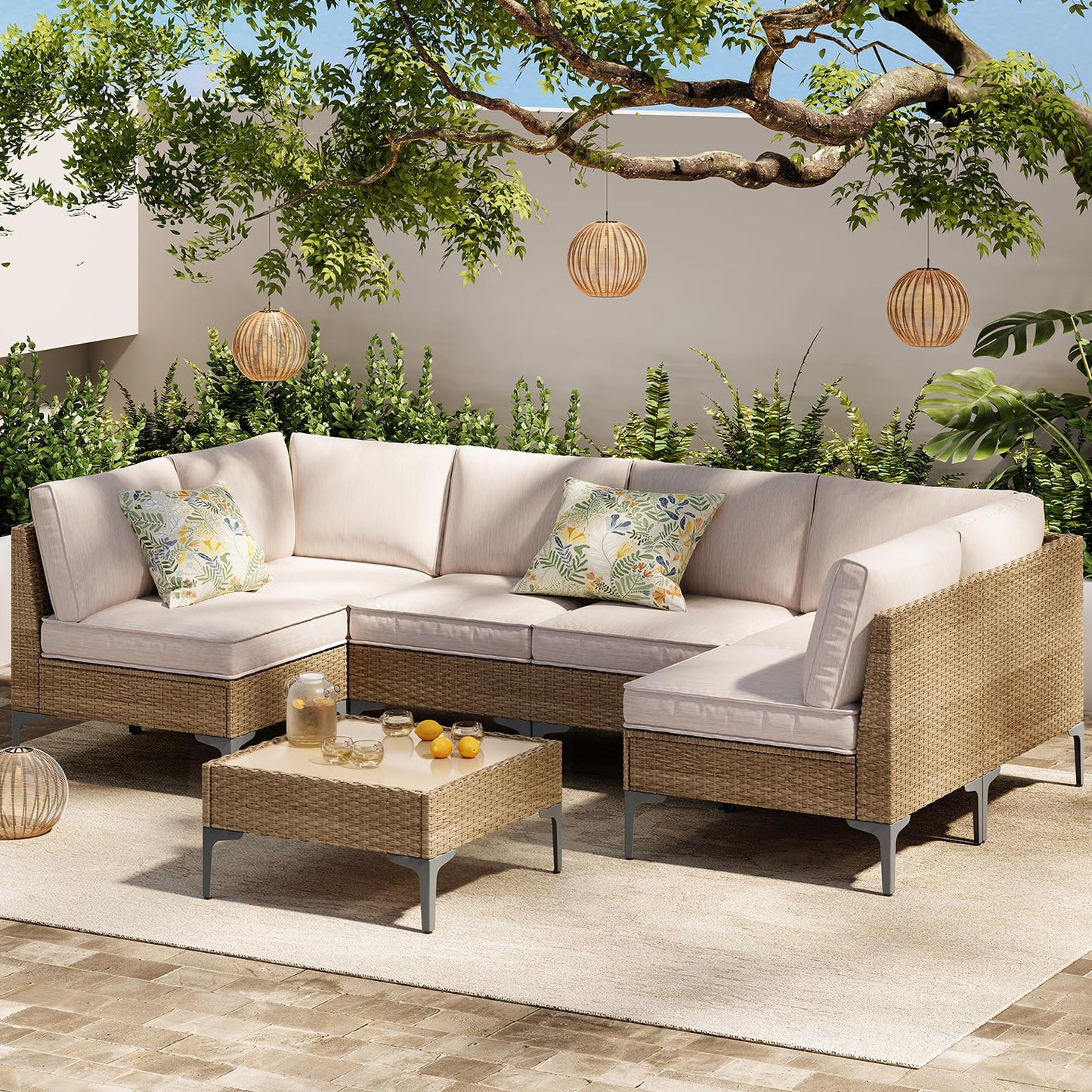 SunloungeCo 7-Piece Patio Furniture Set, Outdoor Wicker Sectional Sofa with Coffee Table, Anti-Slip & Thick All-Weather Cushions for Sunroom,Garden,Backyard, Beige - CookCave