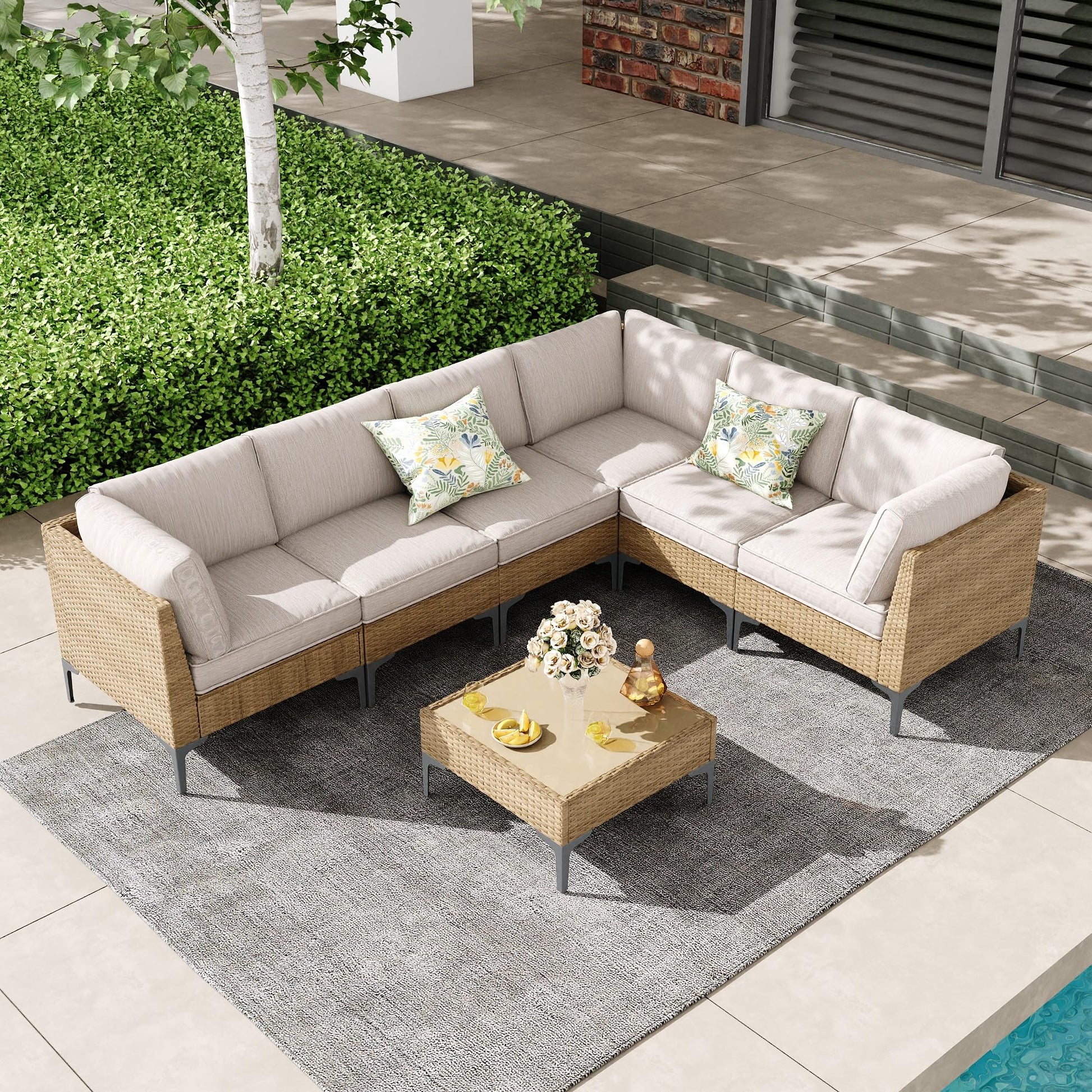 SunloungeCo 7-Piece Patio Furniture Set, Outdoor Wicker Sectional Sofa with Coffee Table, Anti-Slip & Thick All-Weather Cushions for Sunroom,Garden,Backyard, Beige - CookCave