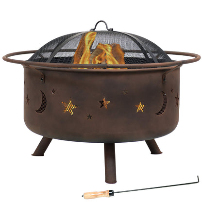 Sunnydaze Cosmic 30-Inch Outdoor Fire Pit - Wood Burning Fire Pit with Cooking BBQ Grill Grate, Spark Screen, and Fireplace Poker - Celestial Design - CookCave