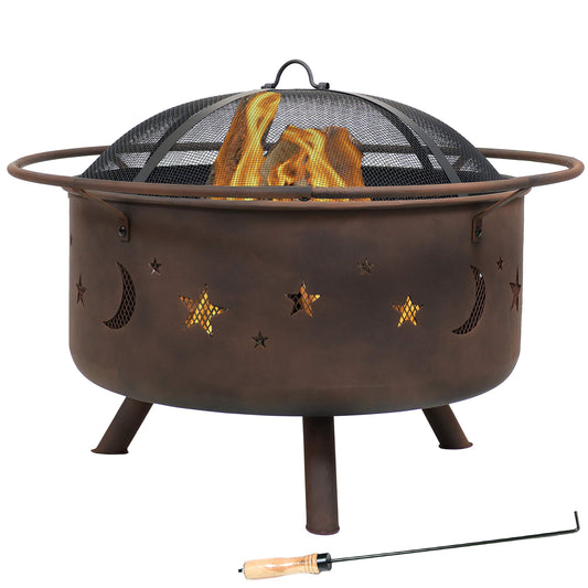 Sunnydaze Cosmic 30-Inch Outdoor Fire Pit - Wood Burning Fire Pit with Cooking BBQ Grill Grate, Spark Screen, and Fireplace Poker - Celestial Design - CookCave