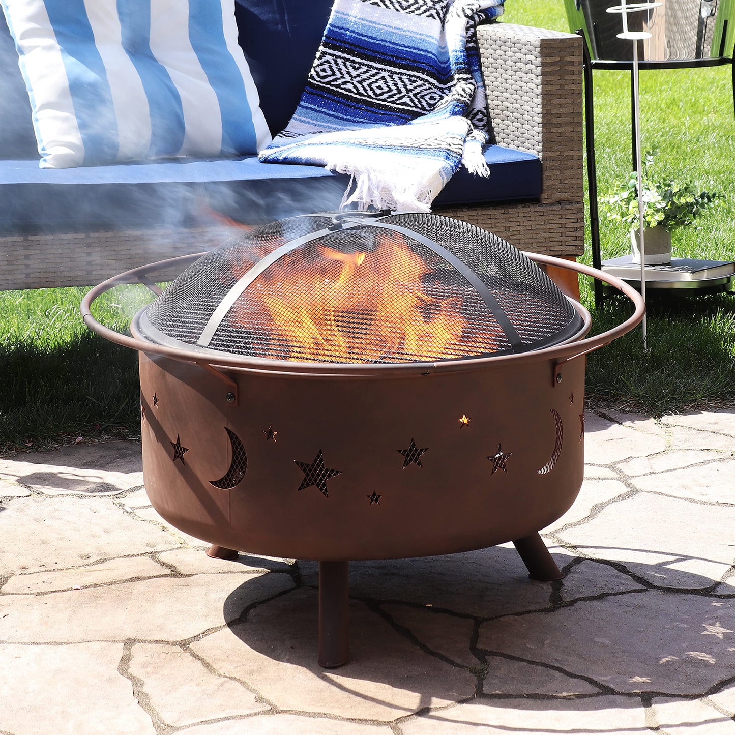 Sunnydaze Cosmic 30-Inch Outdoor Fire Pit - Wood Burning Fire Pit with Cooking BBQ Grill Grate, Spark Screen, and Fireplace Poker - Celestial Design - CookCave