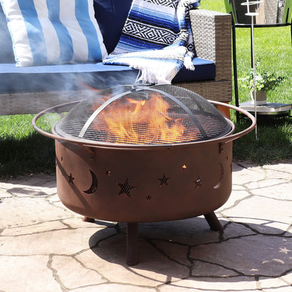 Sunnydaze Cosmic 30-Inch Outdoor Fire Pit - Wood Burning Fire Pit with Cooking BBQ Grill Grate, Spark Screen, and Fireplace Poker - Celestial Design - CookCave